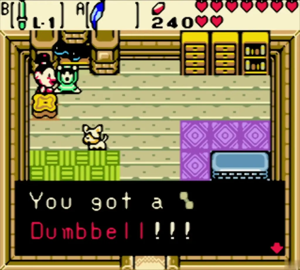 Link holding up the Dumbbell, the box reads You got a Dumbbell