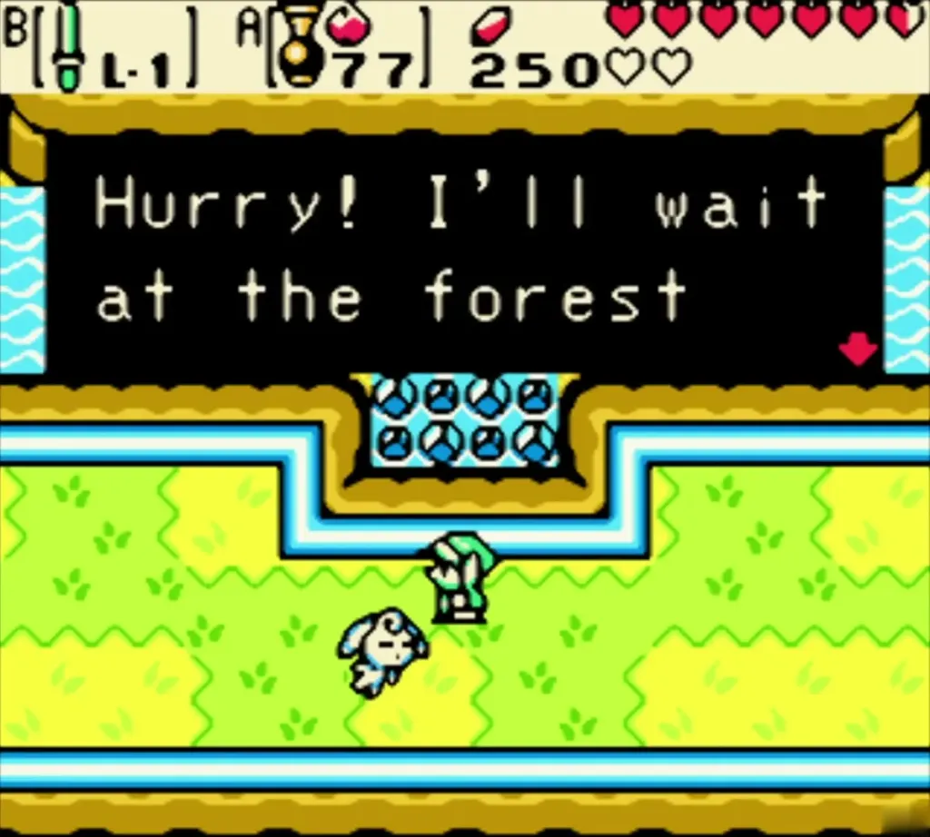 Fairy child telling Link to hurry and wait at the forest