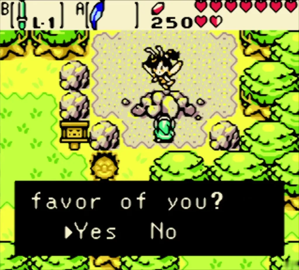 The Fairy Queen asking a favor of Link with Yes and No