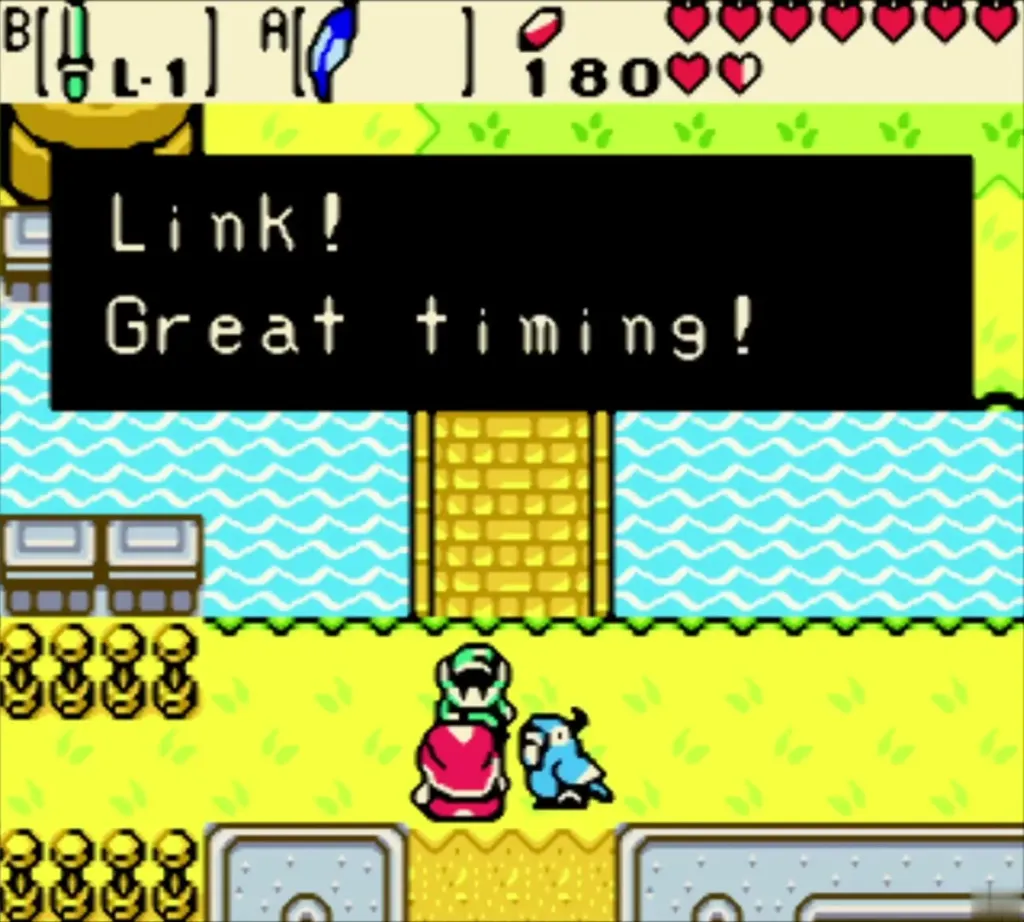 Impa greeting Link beside her blue bird at the bridge