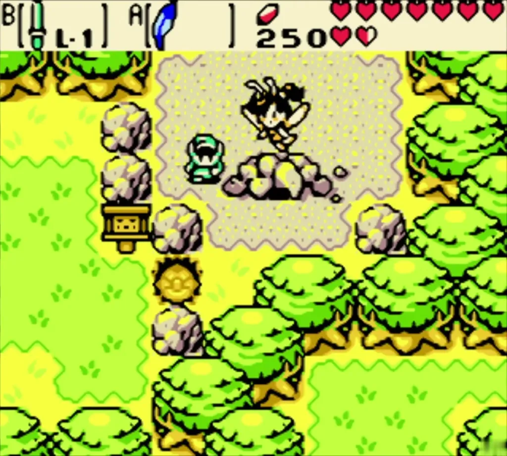 Link walking up to the Fairy Queen on her rock throne in the clearing