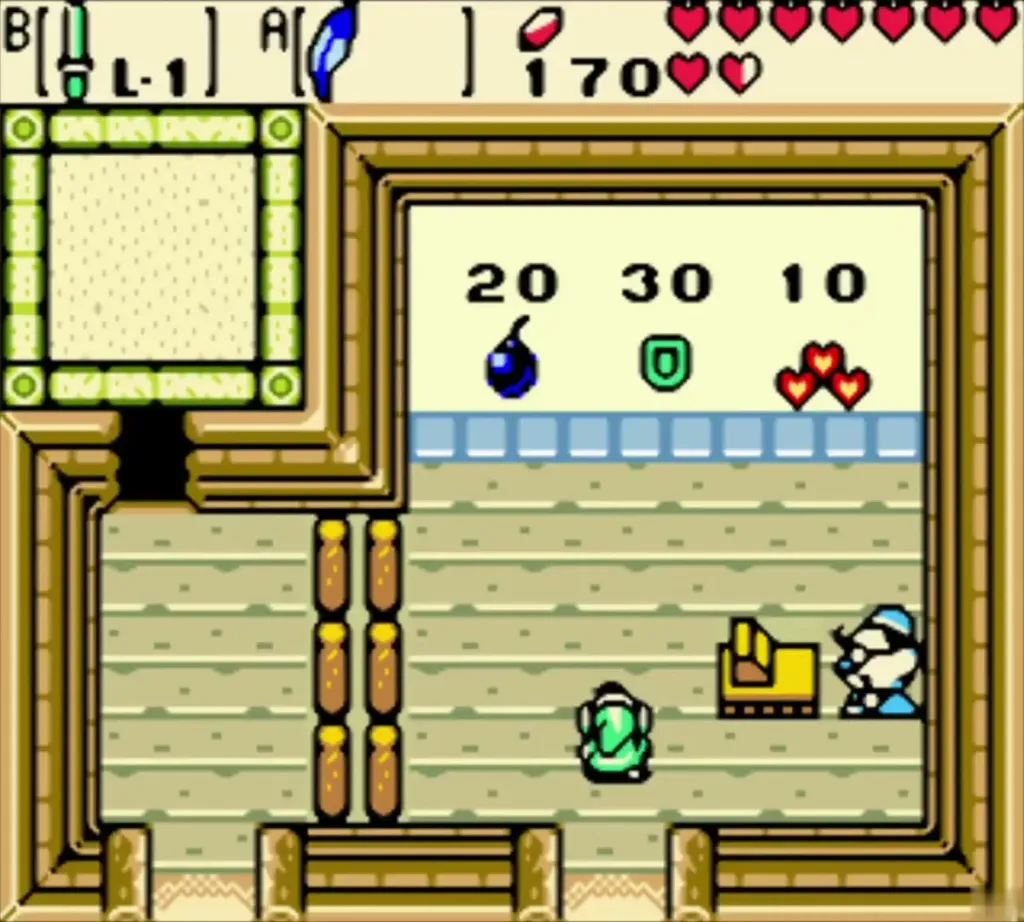 Inside the Lynna shop, Bombs 20, Wooden Shield 30 and Heart 10 on the shelf