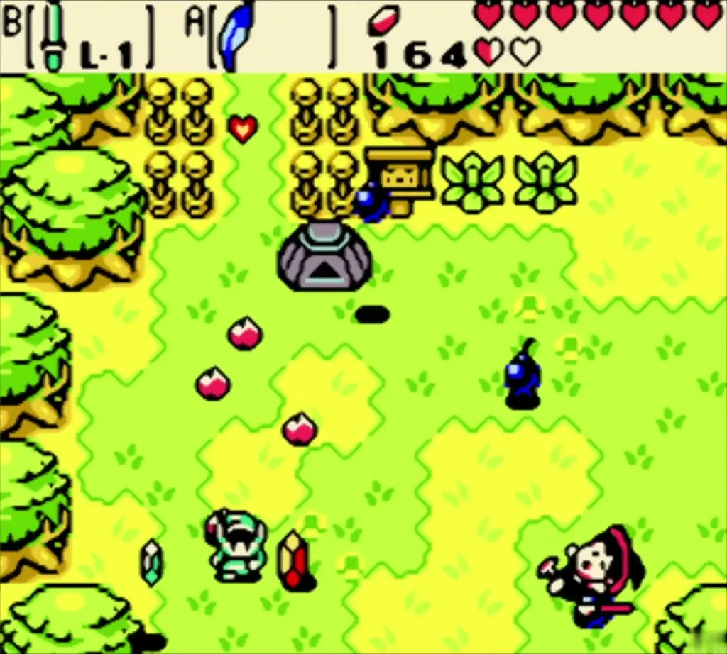 Maple flying over the meadow while hearts, bombs and rupees lie scattered around Link