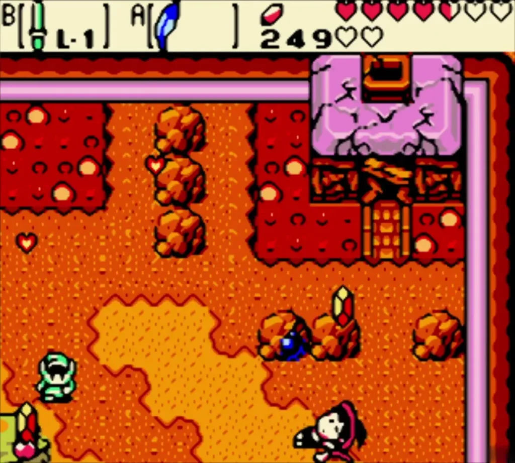 Maple landing with hearts and rupees scattered around Link