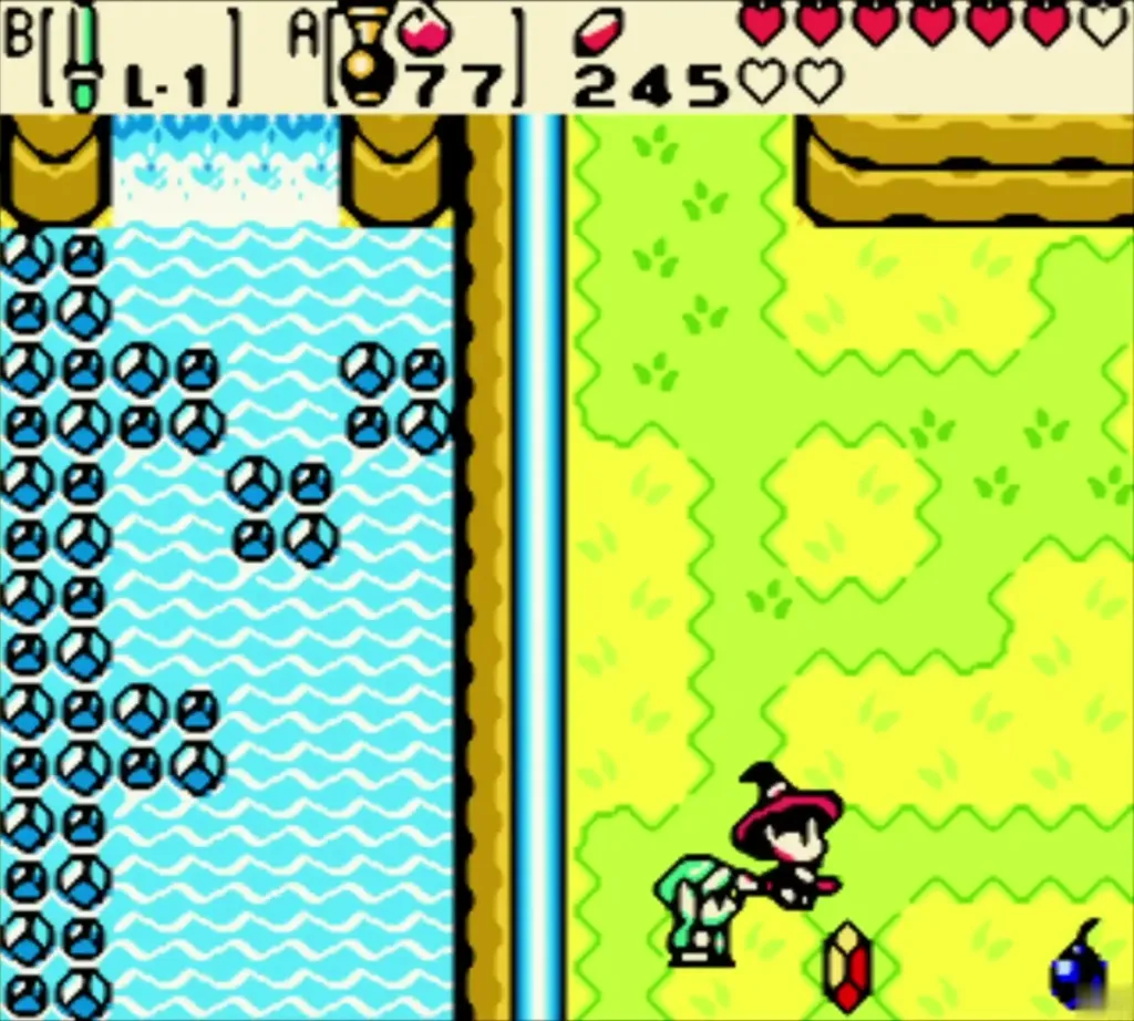 Link and Maple racing for a rupee and a bomb beside the river