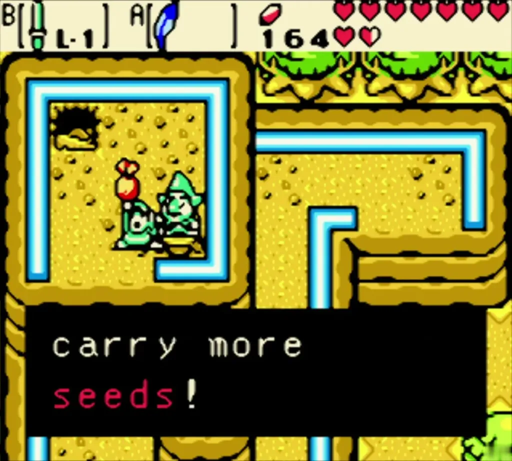 Link holding up the Seed Satchel upgrade, the message says carry more seeds