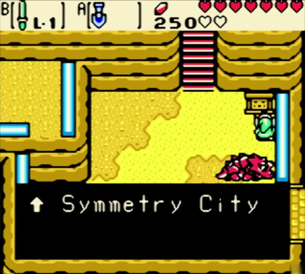The sign reading Symmetry City with an arrow pointing north