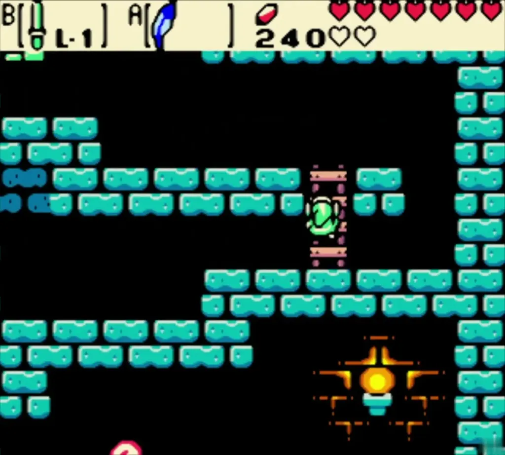 Link climbing a ladder with a fire orb burning below