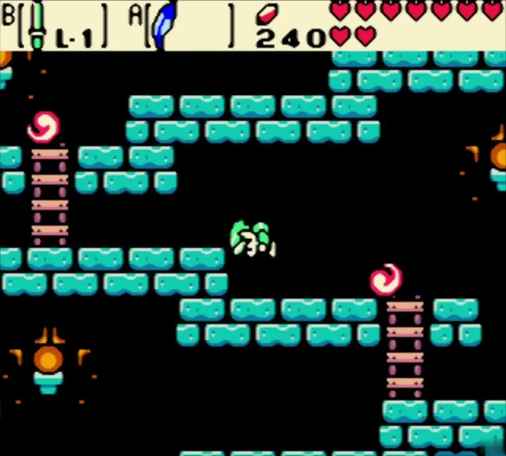 Link jumping across a gap with Roc's Feather between ladders and fire orbs