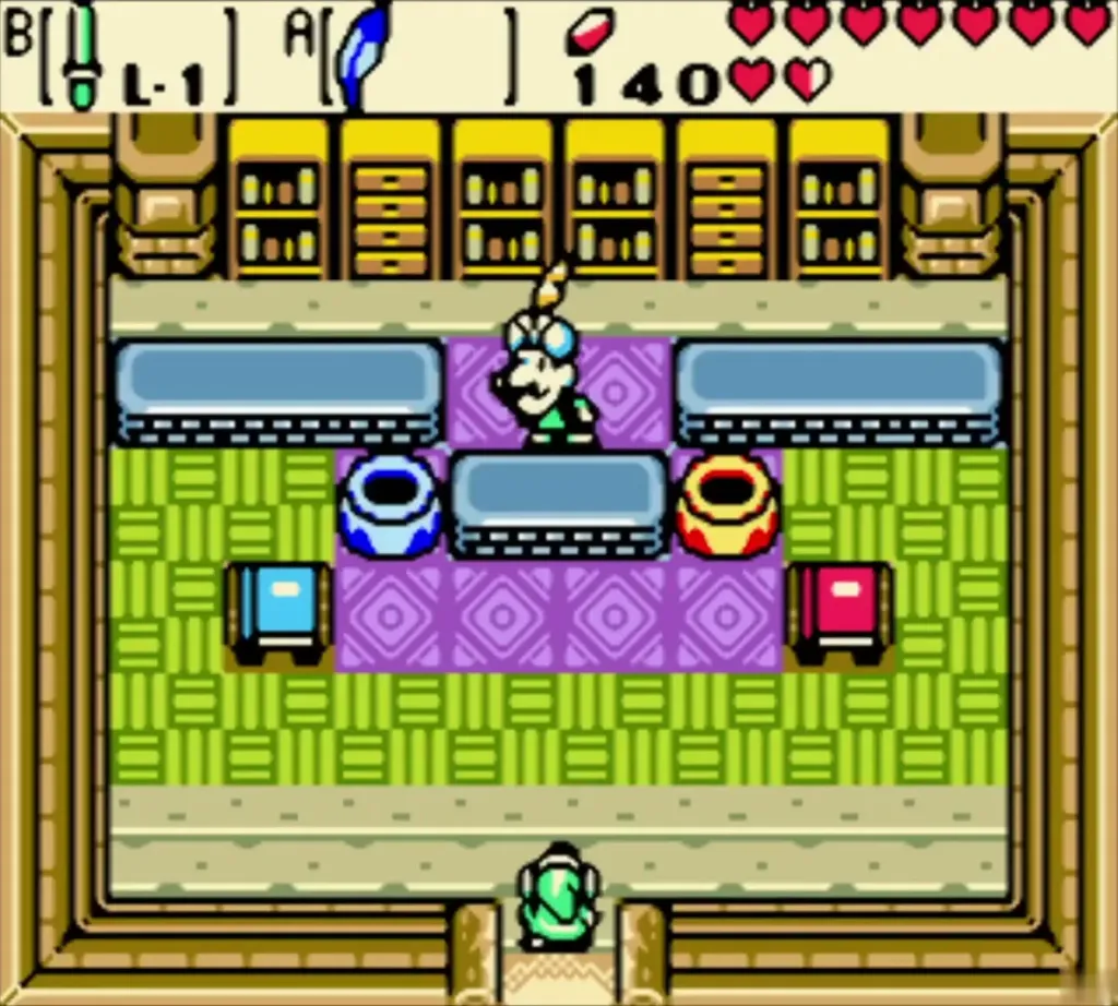 Link entering Vasu's shop with Vasu behind the counter