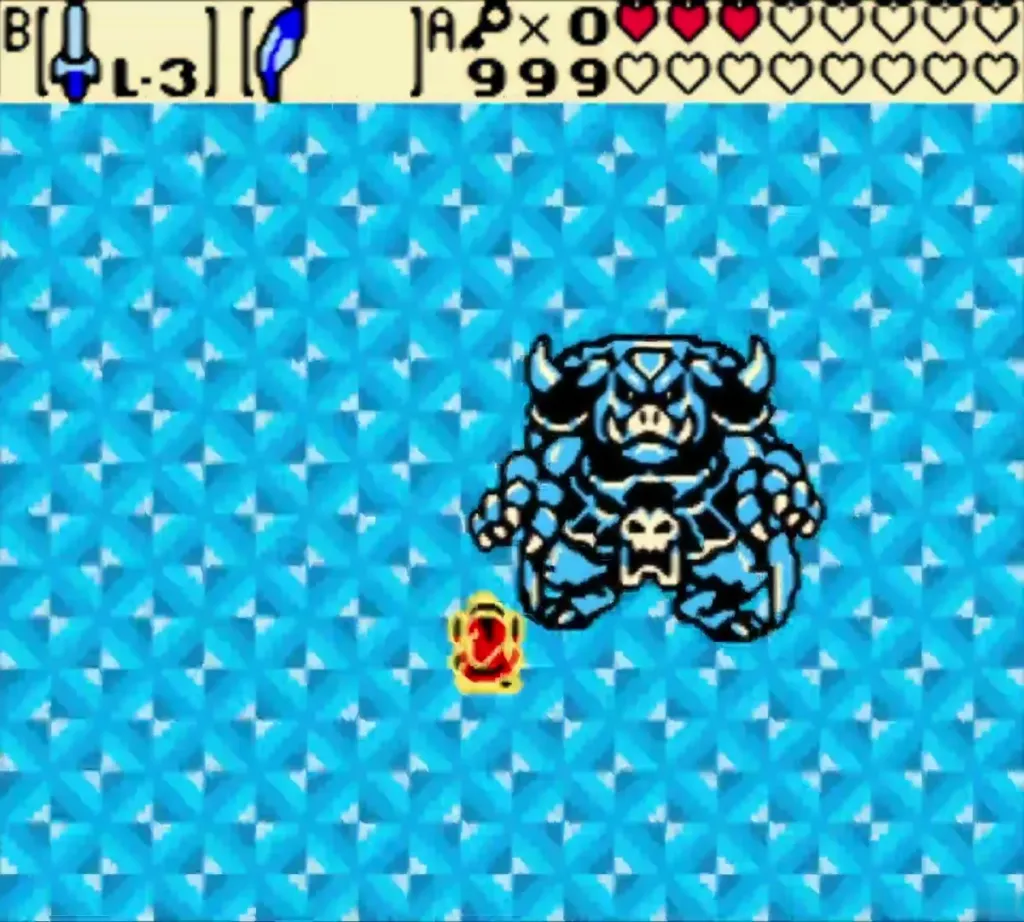 Ganon on the blue diamond floor with a fire shot near him Ganon on the blue diamond floor with a fire shot near him