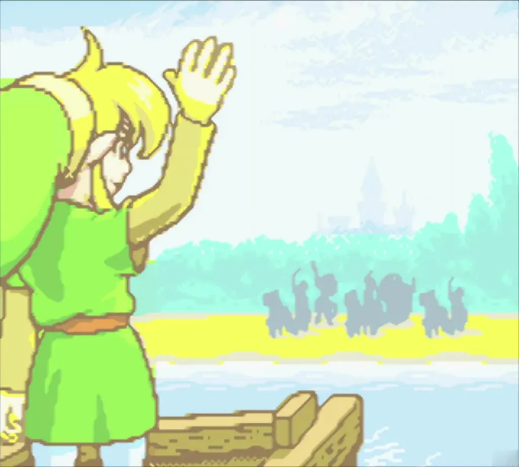 Link waves from a wooden pier as the credits near their end Link waves from a wooden pier as the credits near their end