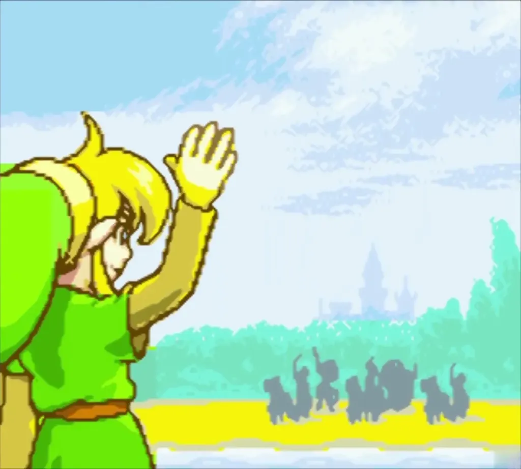 Link raises a hand toward silhouetted figures on the shore at the end of the credits Link raises a hand toward silhouetted figures on the shore at the end of the credits