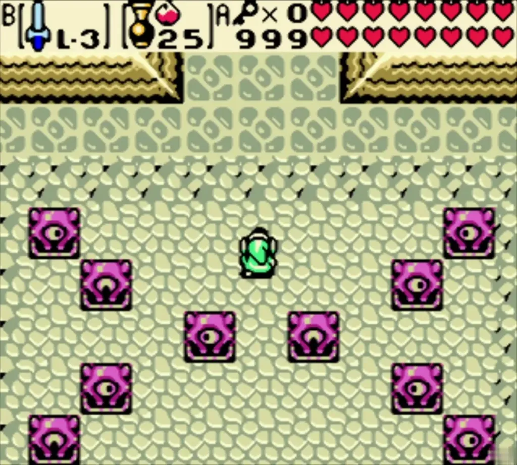 Link walking between pink eye statues in a hallway room Link walking between pink eye statues in a hallway room