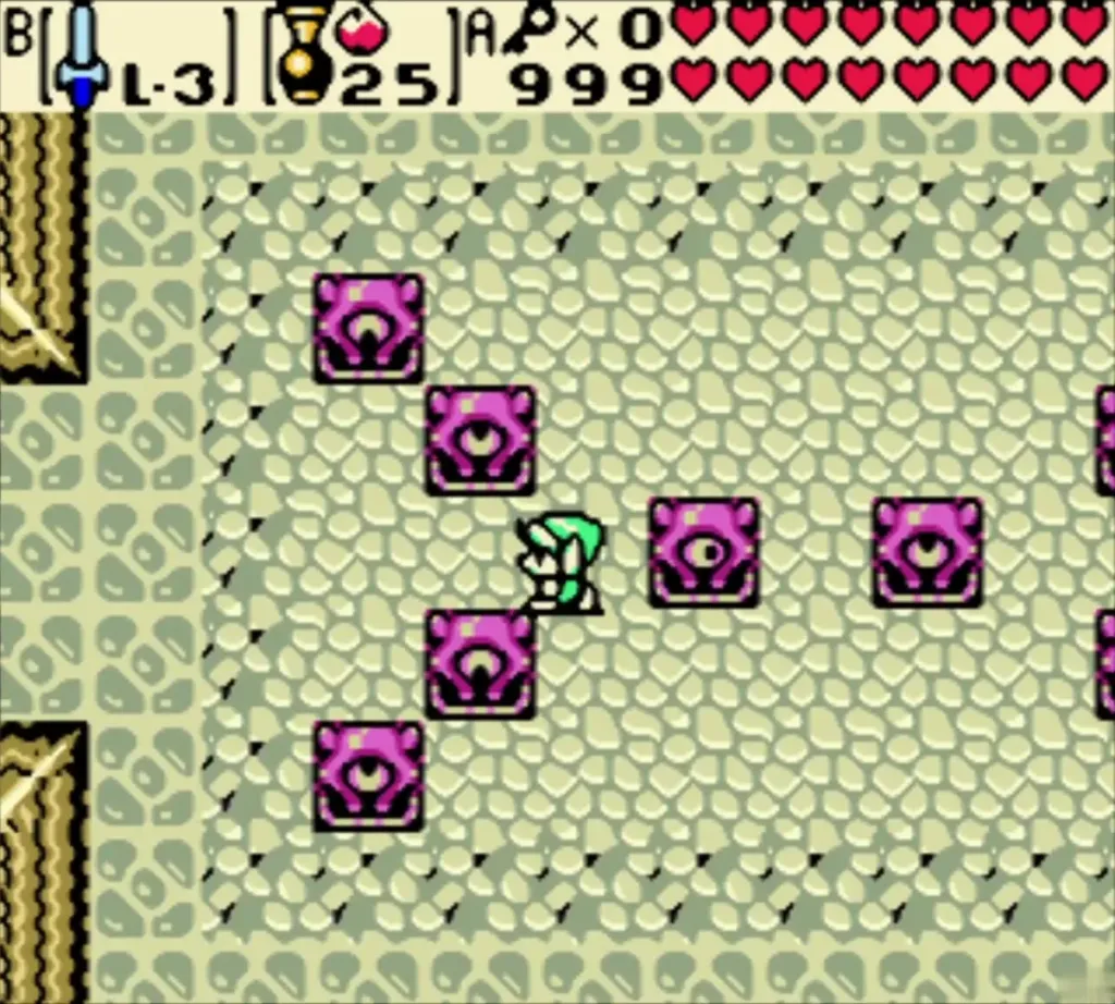 Link passing pink eye statues whose eyes are turned to one side Link passing pink eye statues whose eyes are turned to one side