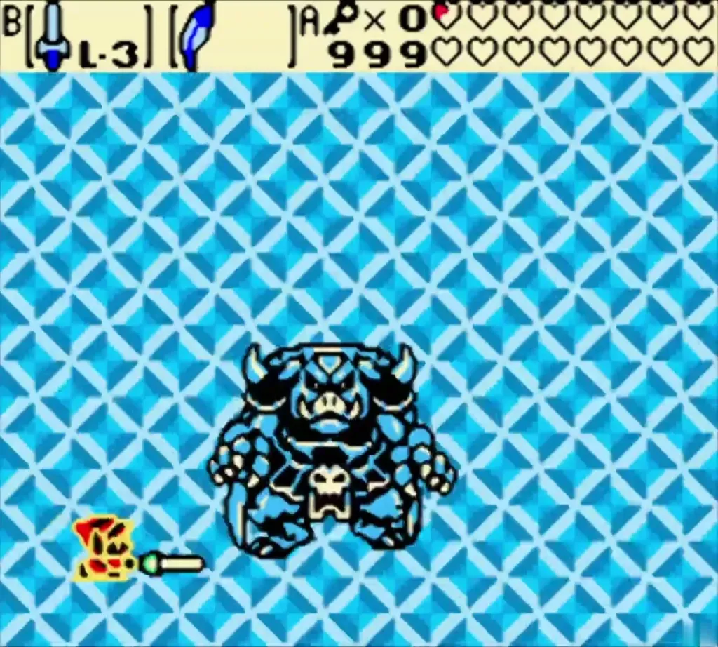 Ganon on the blue diamond floor as a fire shot flies toward Link Ganon on the blue diamond floor as a fire shot flies toward Link