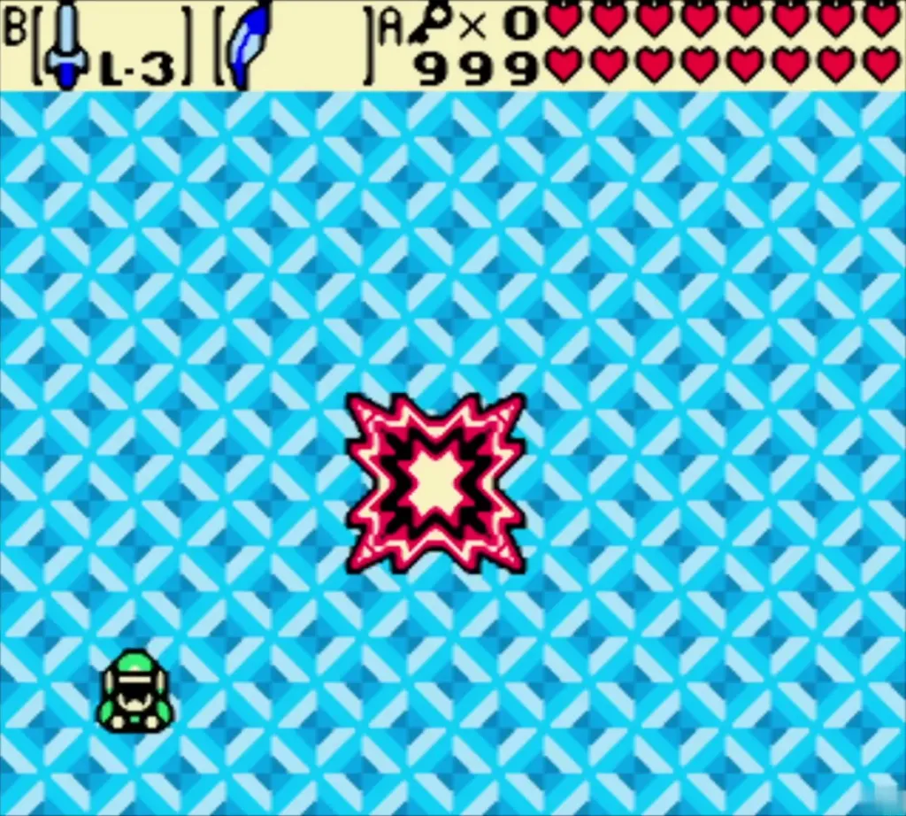 Ganon bursts in a red explosion on the blue diamond floor Ganon bursts in a red explosion on the blue diamond floor