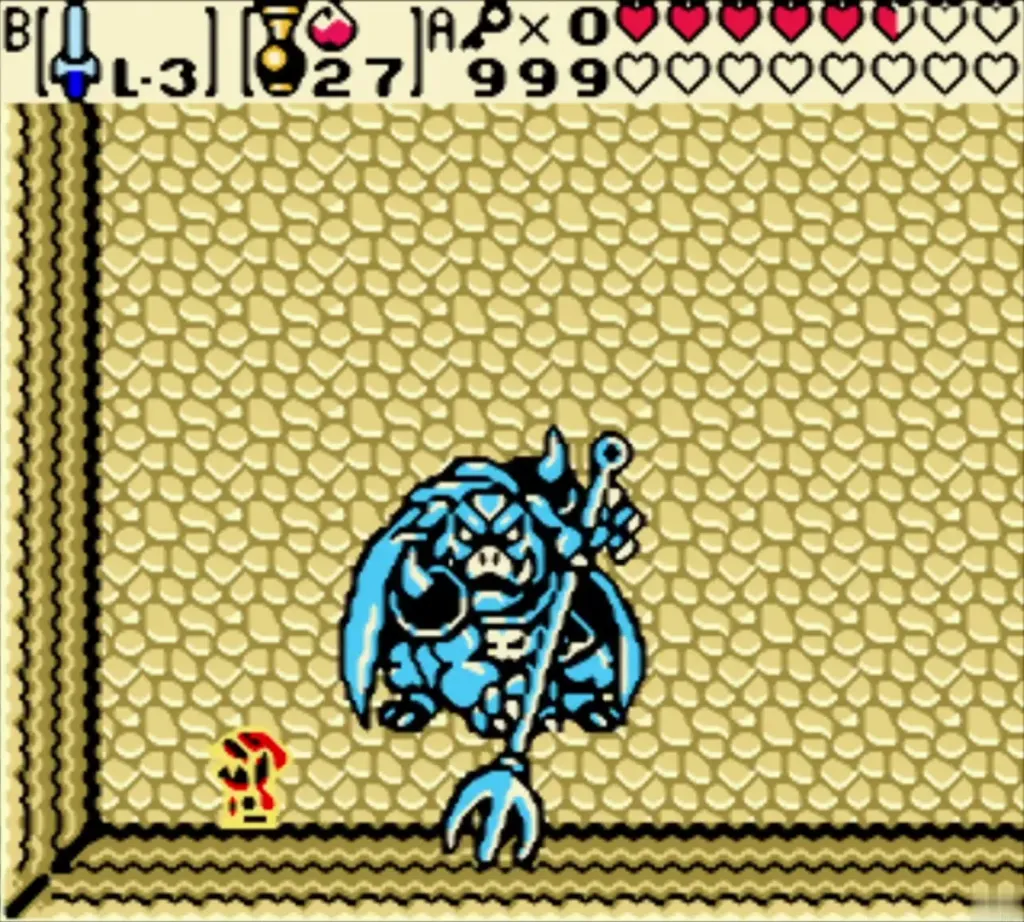 Ganon raises his trident in the sand room as Link keeps his distance Ganon raises his trident in the sand room as Link keeps his distance