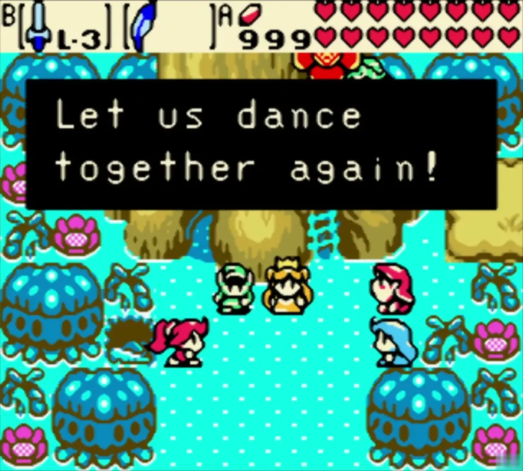 Maku Tree grove scene with the characters, under the line Let us dance together again Maku Tree grove scene with the characters, under the line Let us dance together again