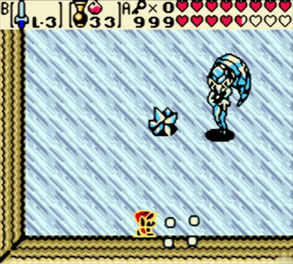 Twinrova over the ice floor as spiked balls and a fire shot fly across Twinrova over the ice floor as spiked balls and a fire shot fly across