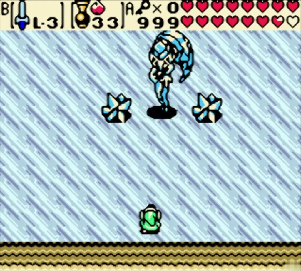 Twinrova above Link on the ice floor with two spiked ice balls between them Twinrova above Link on the ice floor with two spiked ice balls between them