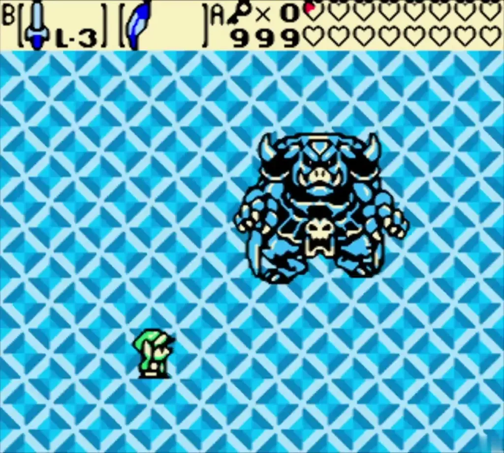 Link walks on the blue diamond floor as Ganon waits across the room Link walks on the blue diamond floor as Ganon waits across the room
