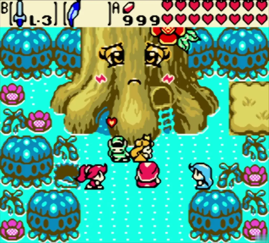 Link and Zelda stand beside the Maku Tree as the grove scene begins Link and Zelda stand beside the Maku Tree as the grove scene begins