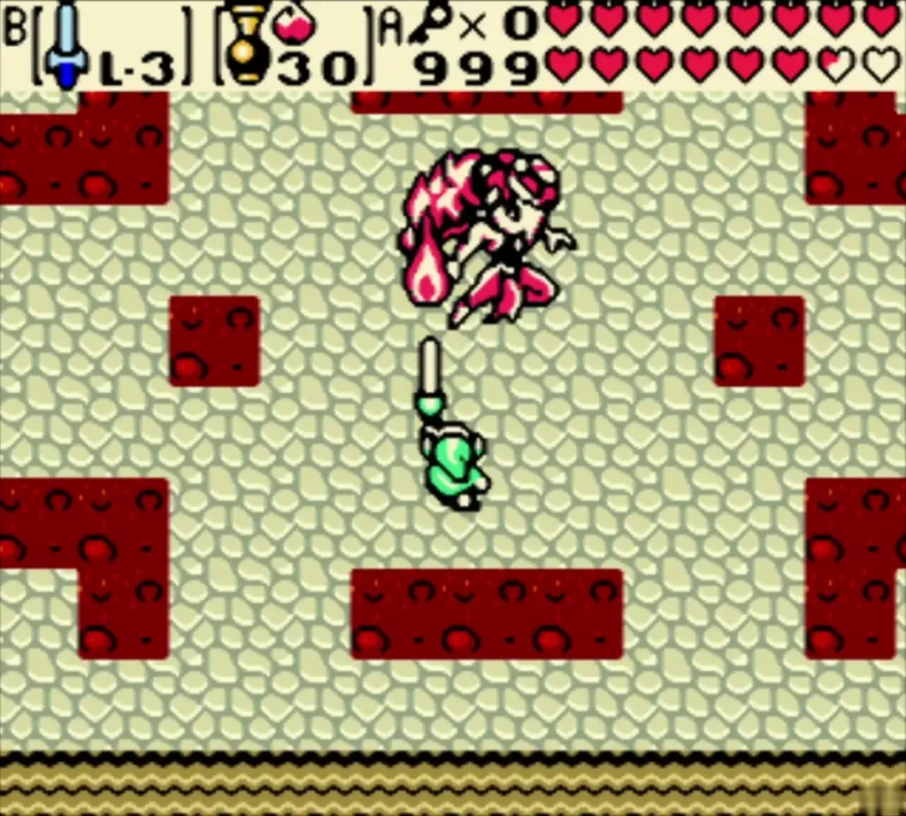 Link raises his sword toward Twinrova over the lava floor Link raises his sword toward Twinrova over the lava floor