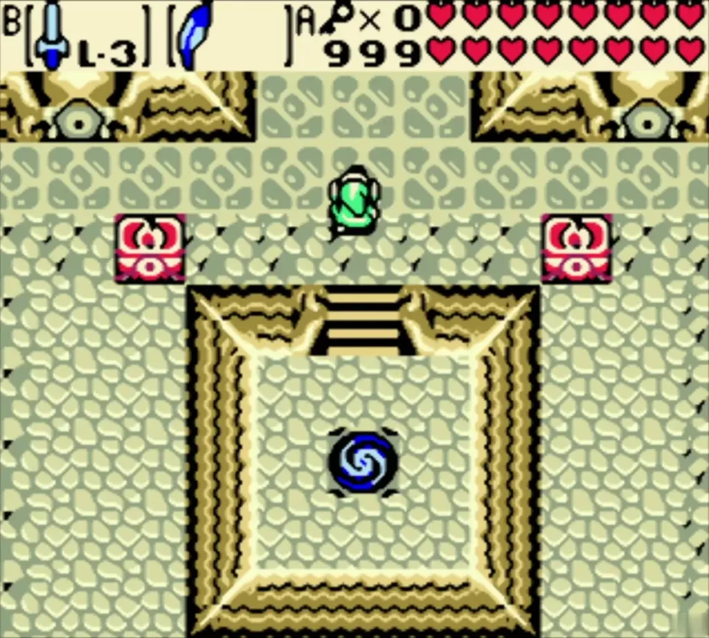 Link standing near the stone room with the blue swirl pedestal Link standing near the stone room with the blue swirl pedestal