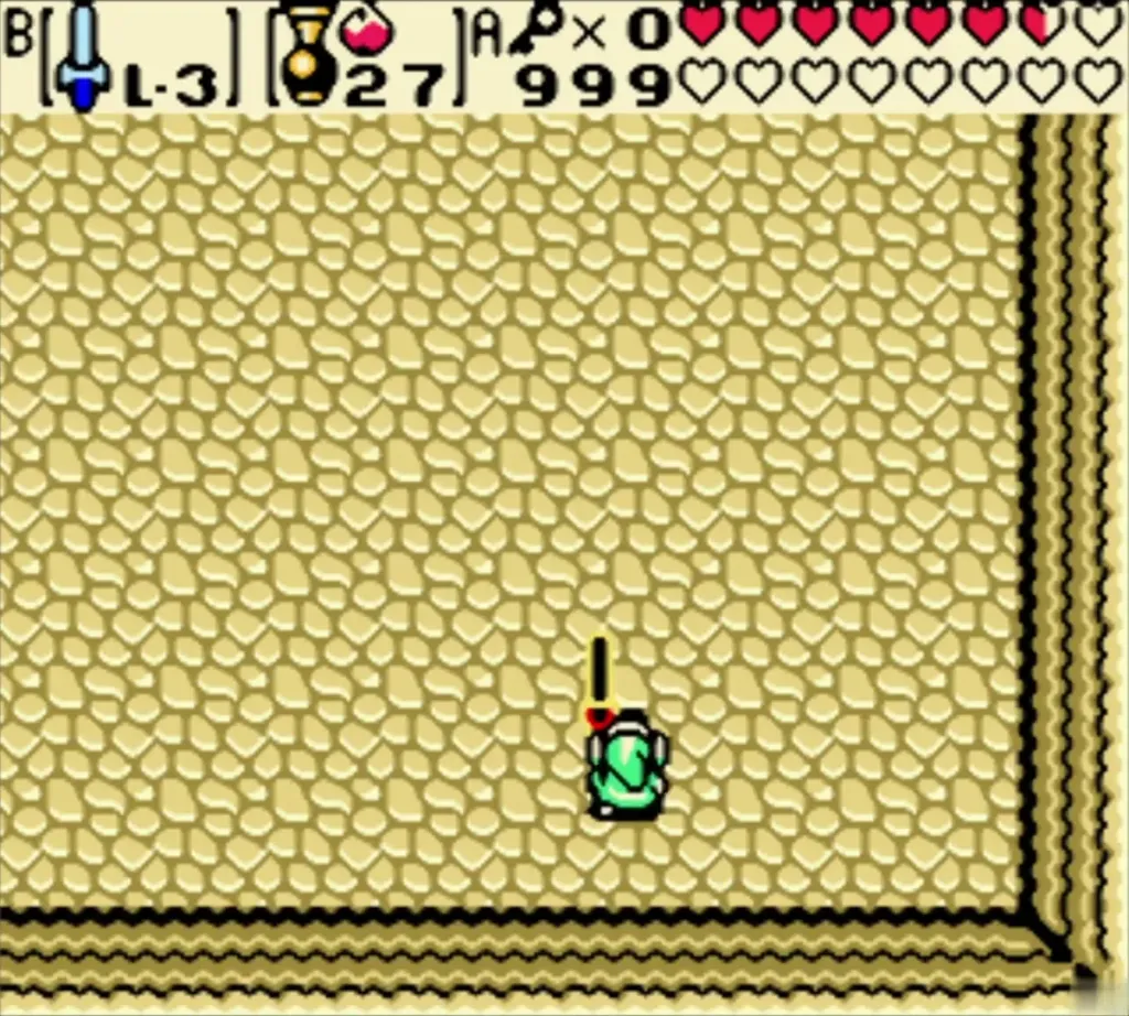 Link raises his sword in the sand room, ready to charge a spin attack Link raises his sword in the sand room, ready to charge a spin attack