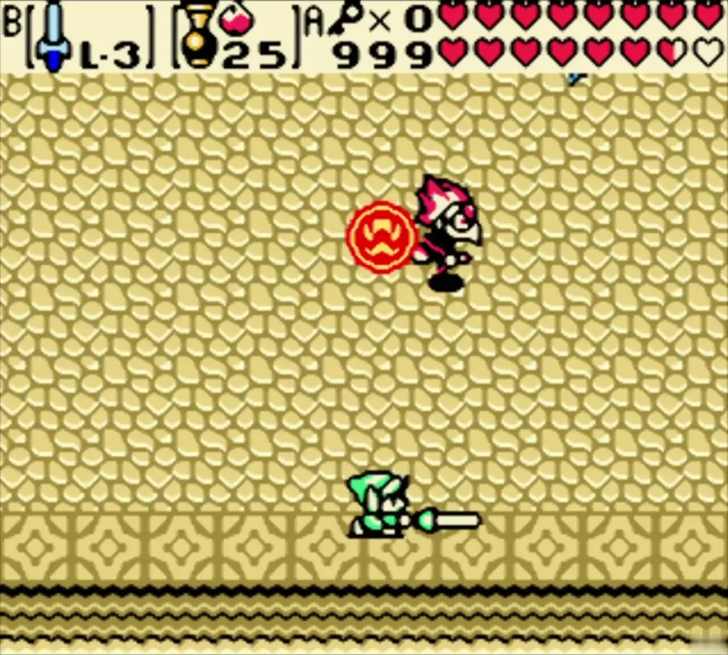 Link swings his sword at a fire shot from the red witch Koume Link swings his sword at a fire shot from the red witch Koume
