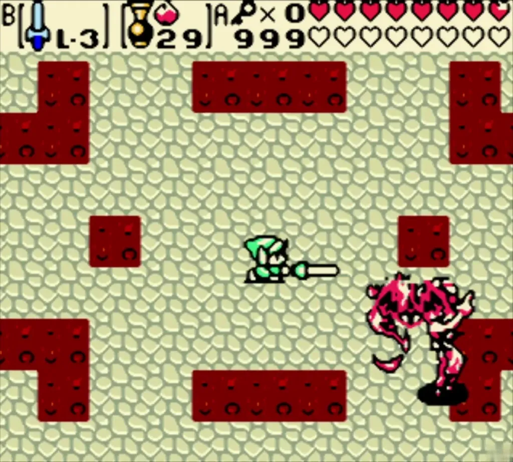 Link swings his sword toward Twinrova on the fire floor Link swings his sword toward Twinrova on the fire floor