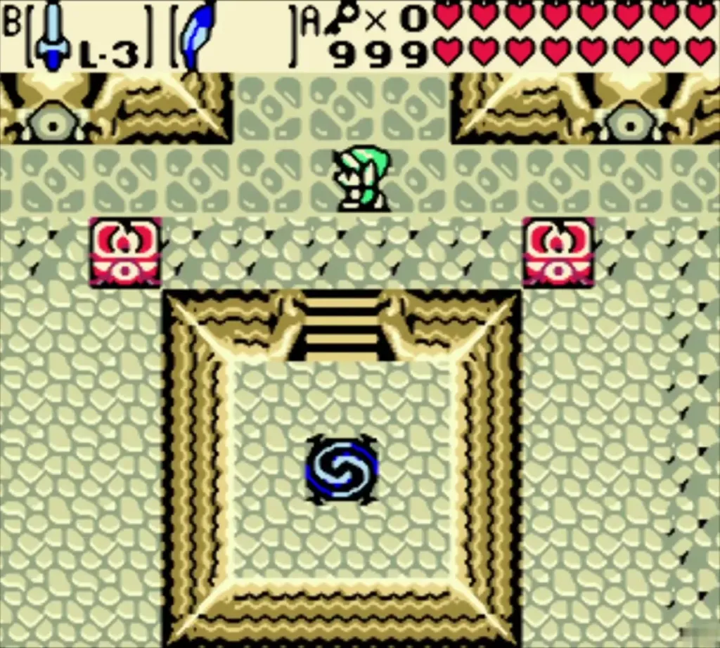 Link walks down toward the stone room with the blue swirl pedestal Link walks down toward the stone room with the blue swirl pedestal