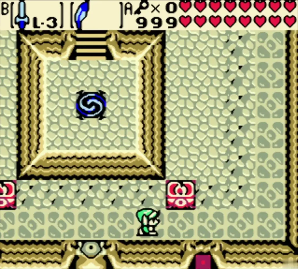 Link walking in a stone room with a blue swirl pedestal at its centre Link walking in a stone room with a blue swirl pedestal at its centre