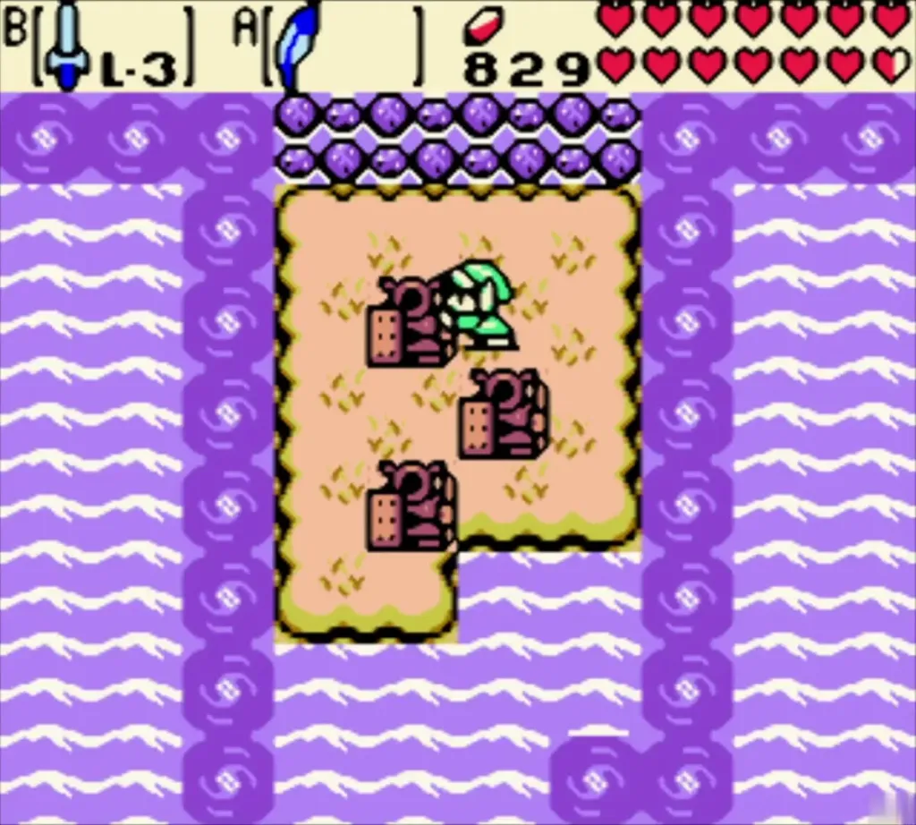 Pink blocks made by the Cane of Somaria on the dark floor, with a green enemy nearby Pink blocks made by the Cane of Somaria on the dark floor, with a green enemy nearby