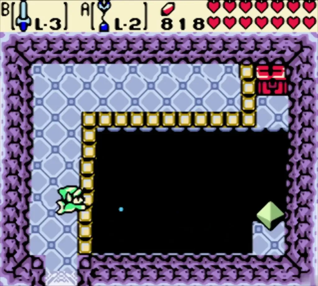 Link entering the purple-walled cave with a red chest in the upper right Link entering the purple-walled cave with a red chest in the upper right