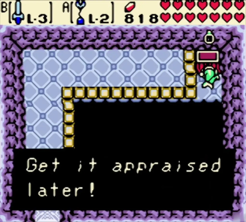 Link at the cave chest with the item box for a ring to be appraised later Link at the cave chest with the item box for a ring to be appraised later