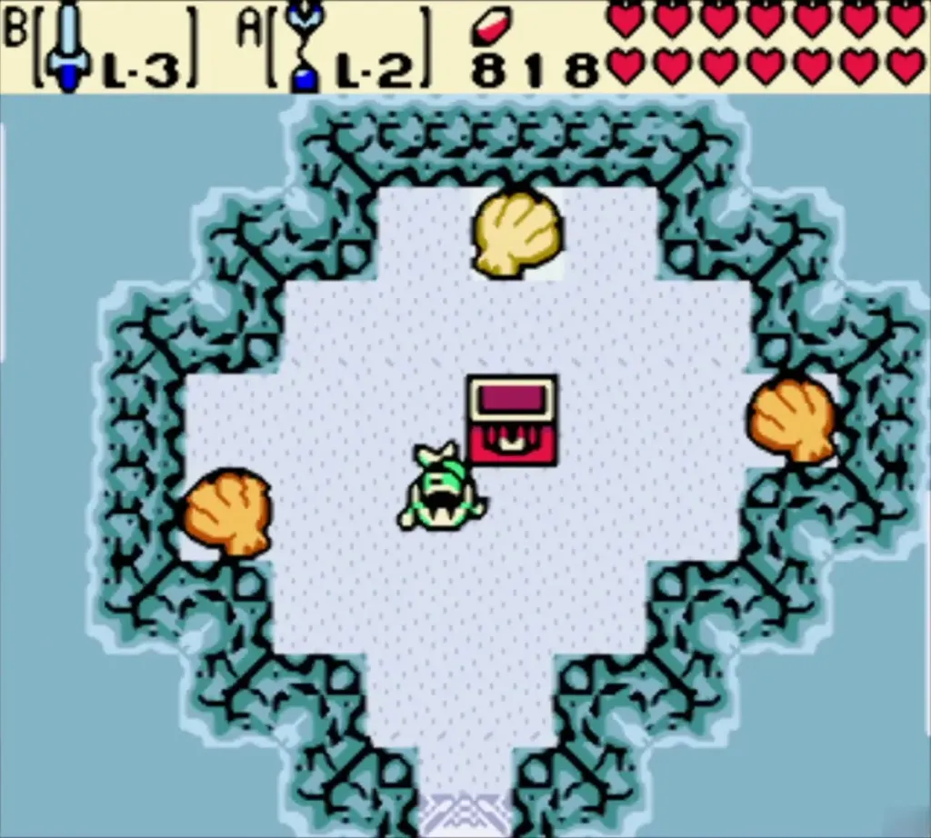 Link beside the red chest in the clam grotto after taking the ring Link beside the red chest in the clam grotto after taking the ring