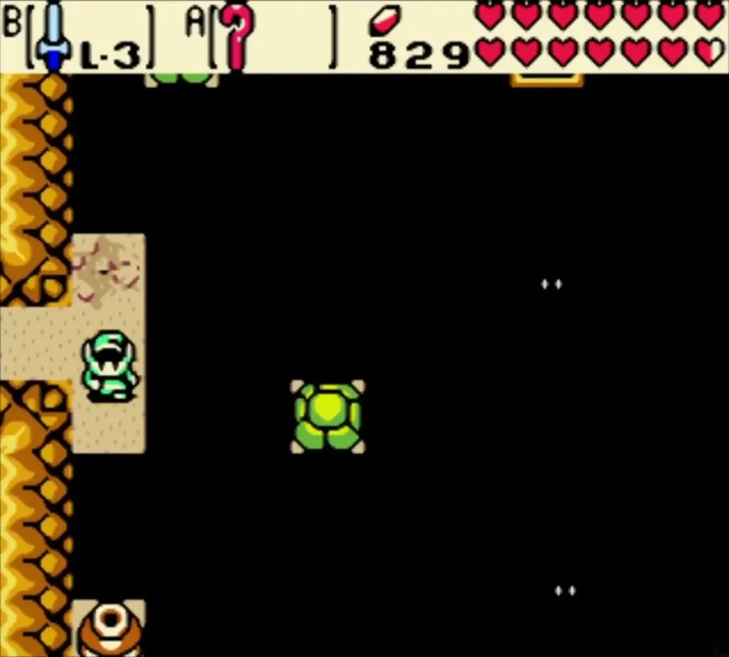 Link at the edge of a dark room beside green shelled enemies Link at the edge of a dark room beside green shelled enemies