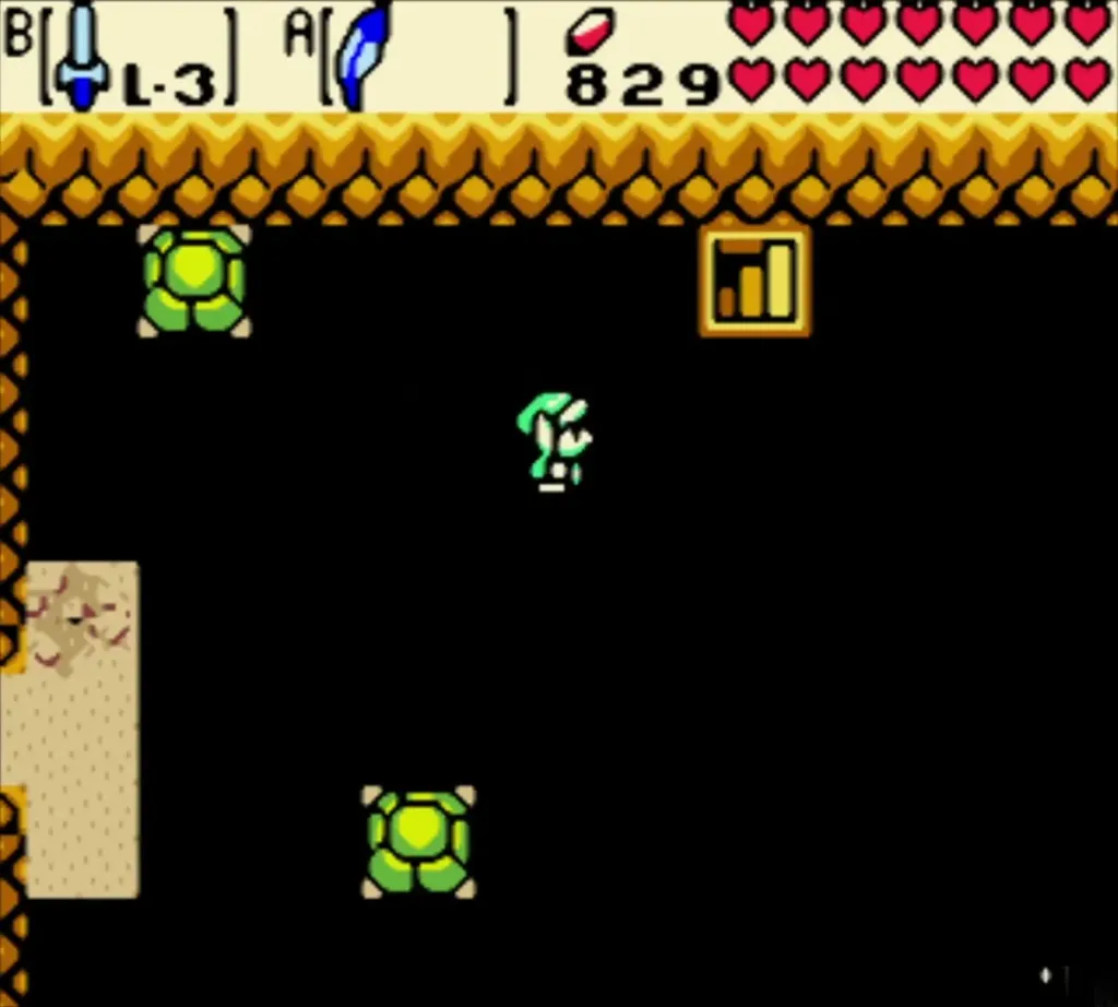 Link in a dark room with green shelled enemies on the stone floor Link in a dark room with green shelled enemies on the stone floor