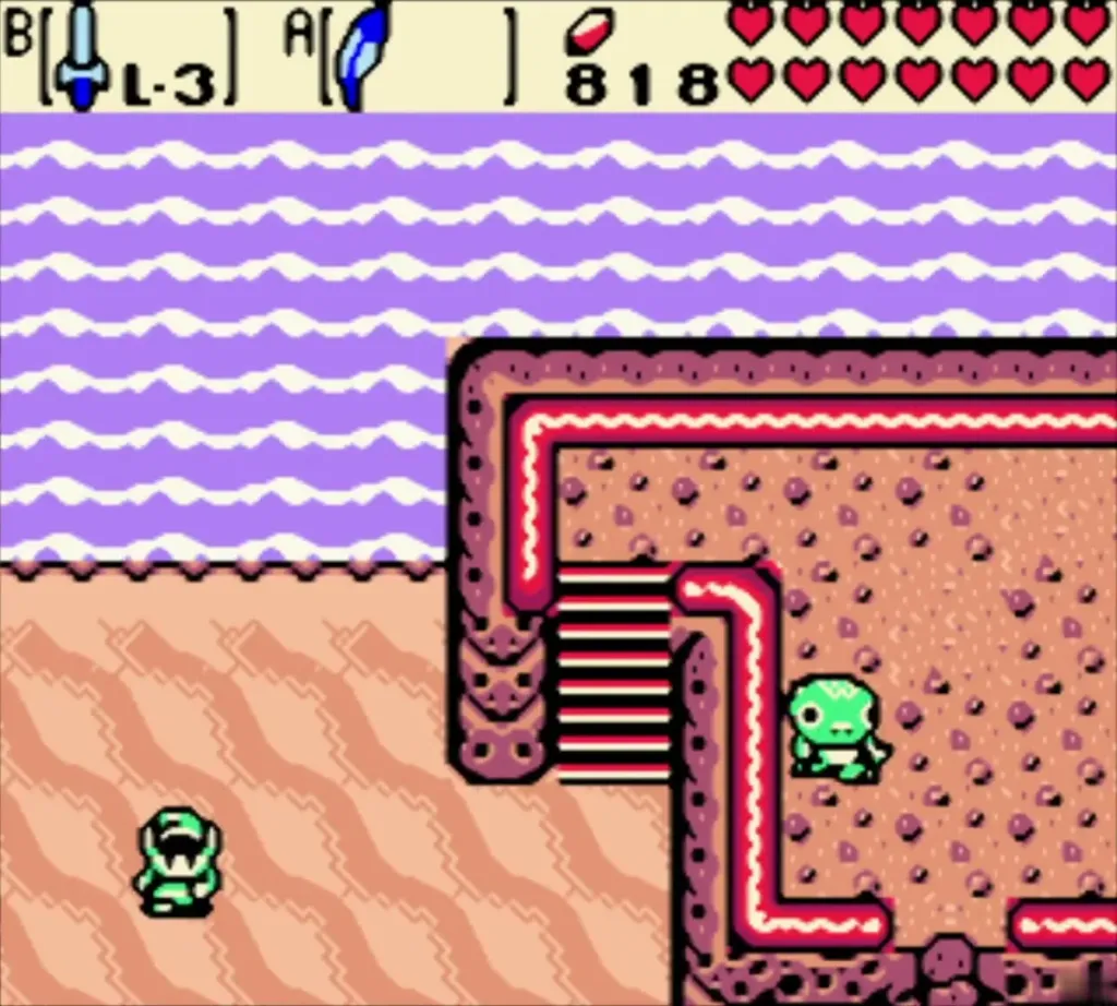 Link on a pink sand island beside purple waves with a red stump building Link on a pink sand island beside purple waves with a red stump building