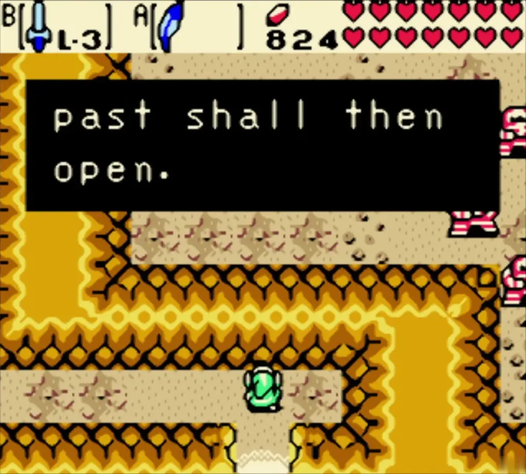 A shrine voice box in a yellow sand cave says the road to the past will open A shrine voice box in a yellow sand cave says the road to the past will open