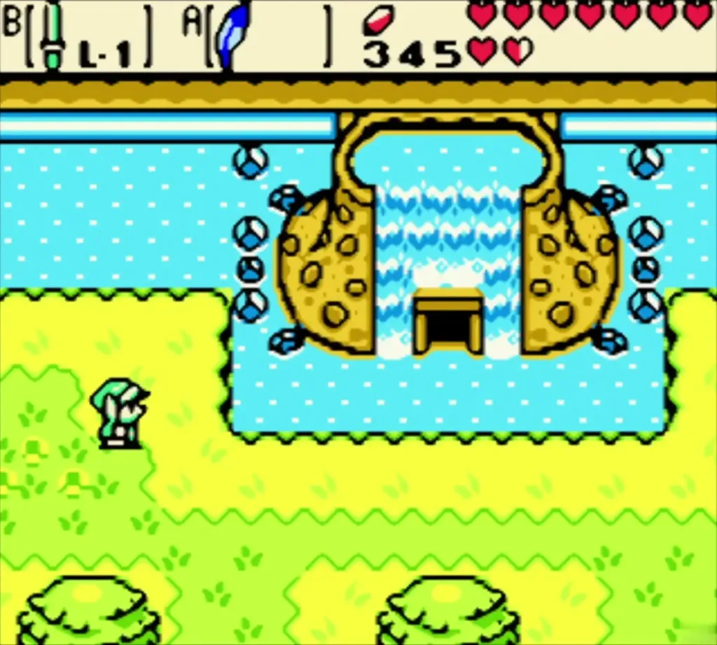 Link walking toward the cave behind the waterfall Link walking toward the cave behind the waterfall