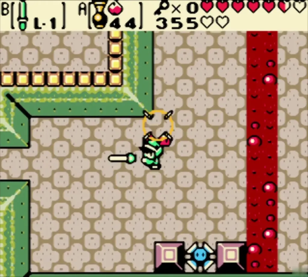 Link slashing an enemy beside a lava channel with a Blade Trap below Link slashing an enemy beside a lava channel with a Blade Trap below