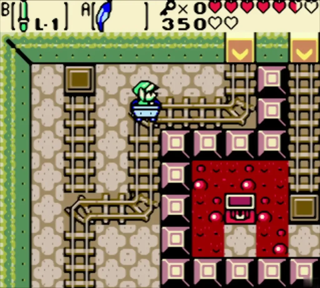 Link riding the minecart along the rails toward the Moldorm room Link riding the minecart along the rails toward the Moldorm room
