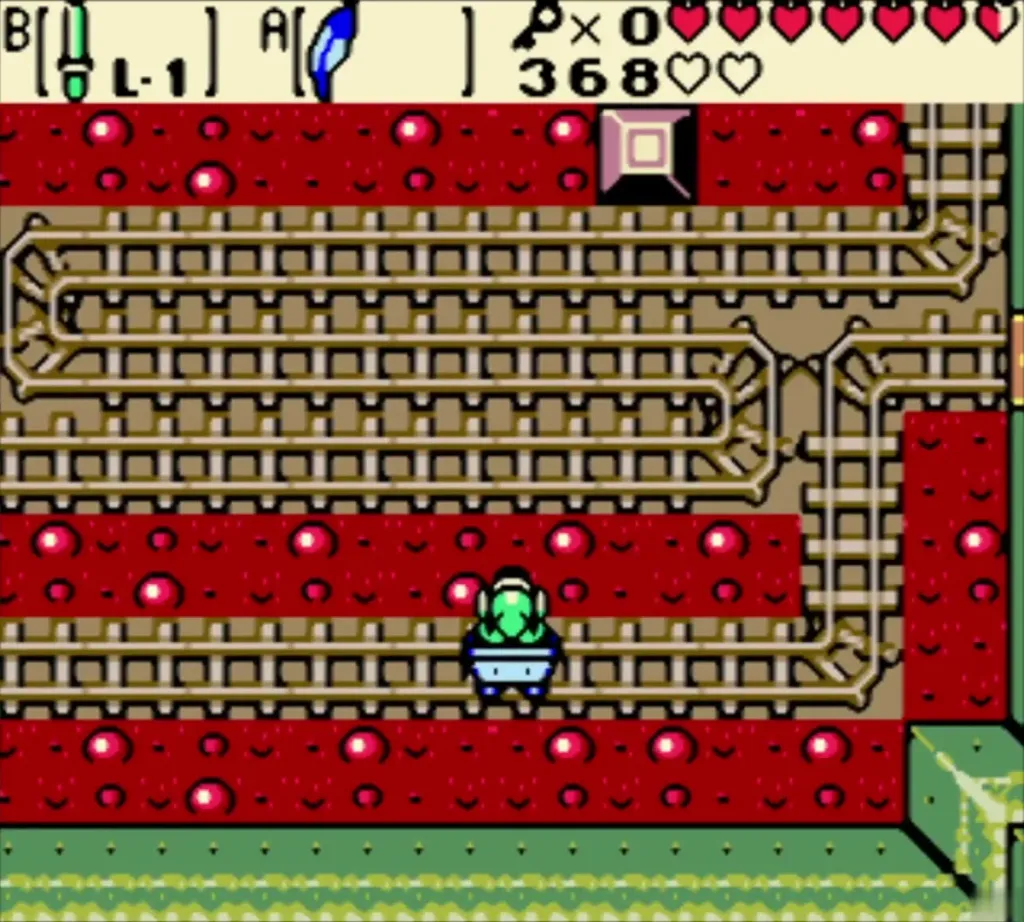 Link riding the minecart along the track over lava Link riding the minecart along the track over lava