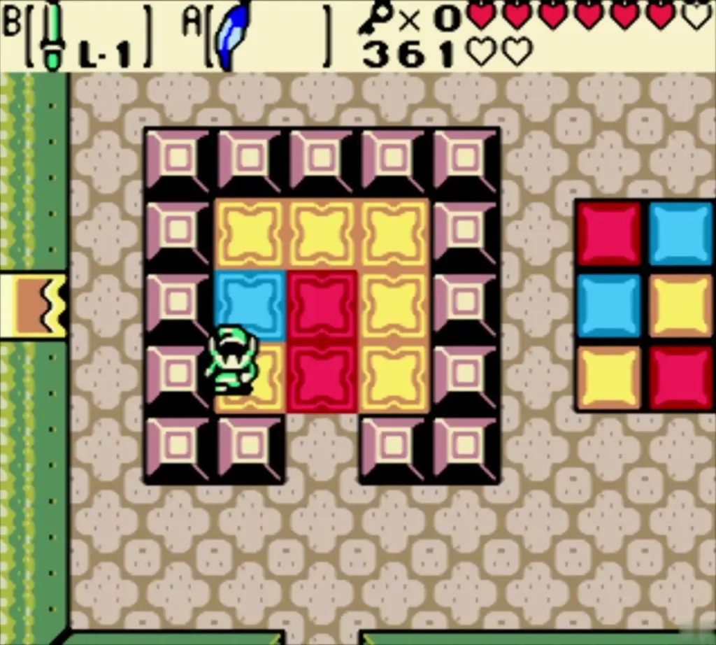 Link stepping on colored floor tiles to match the pattern Link stepping on colored floor tiles to match the pattern