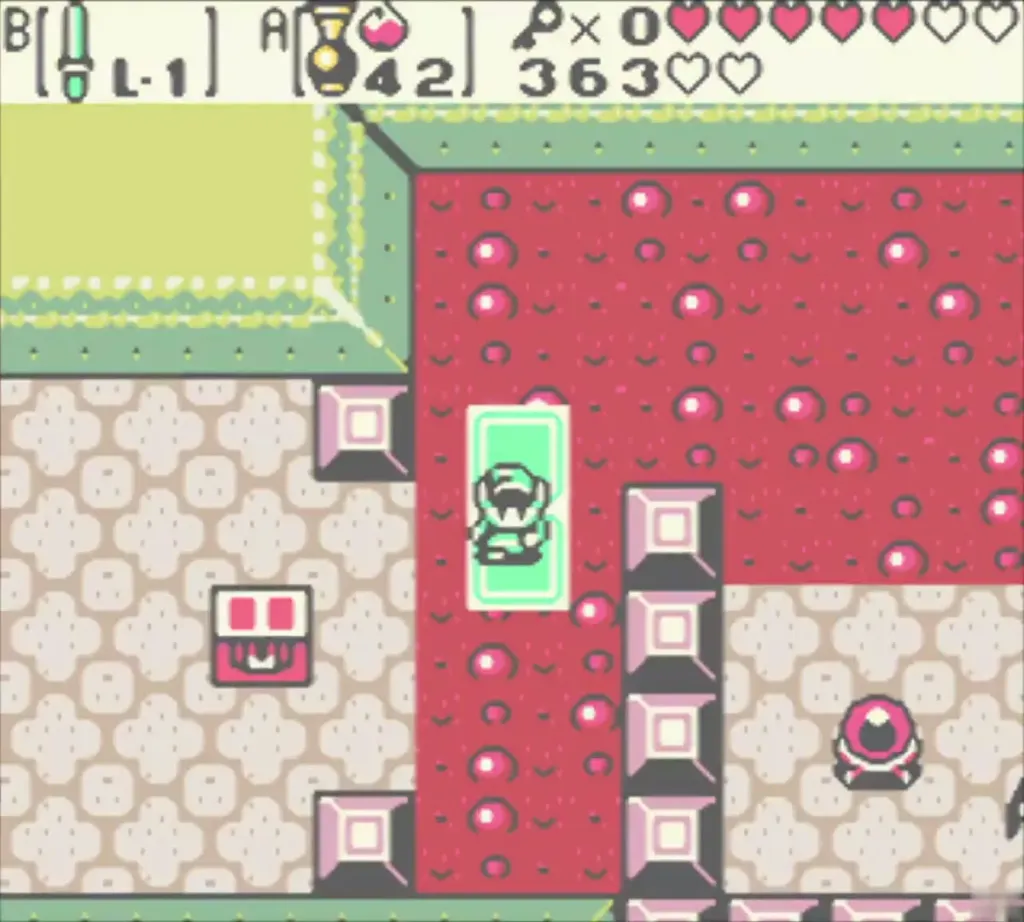 Link on a green platform over lava as the chest appears at the left Link on a green platform over lava as the chest appears at the left