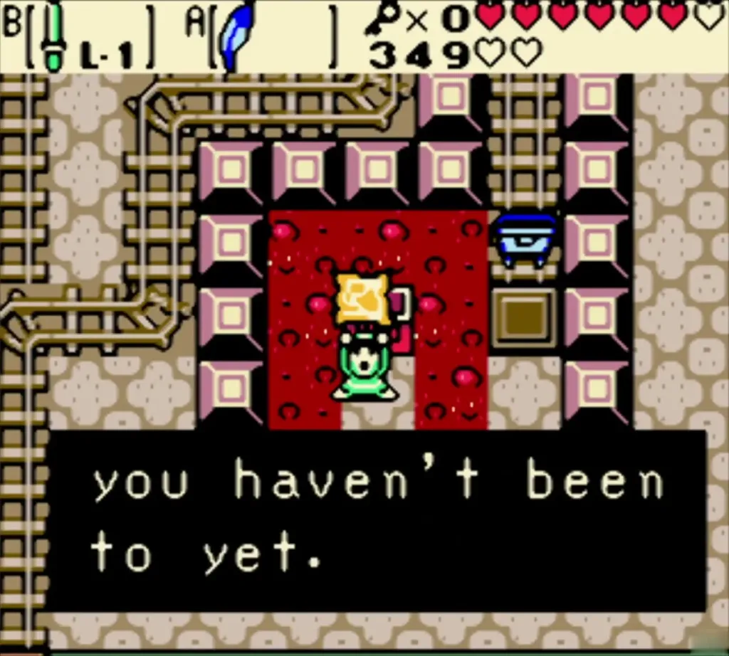 Link holding up the Dungeon Map with its message box Link holding up the Dungeon Map with its message box