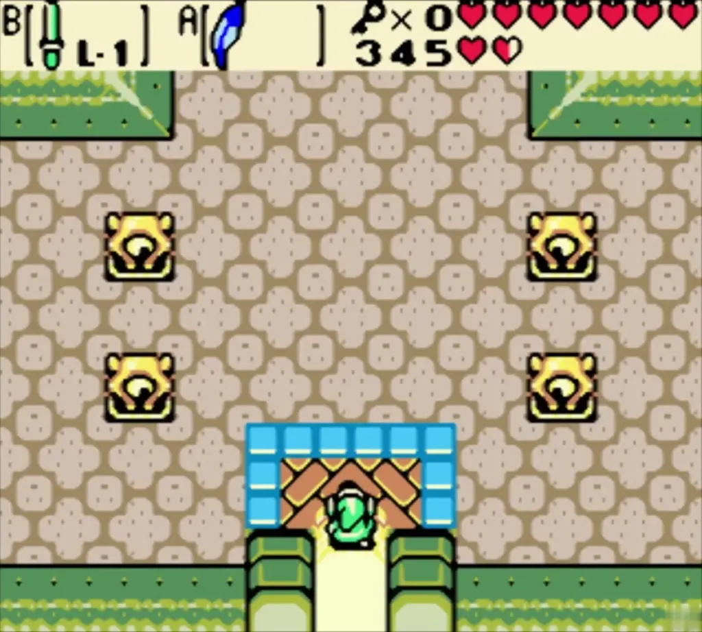 Link in the Skull Dungeon entrance room with gold statues Link in the Skull Dungeon entrance room with gold statues